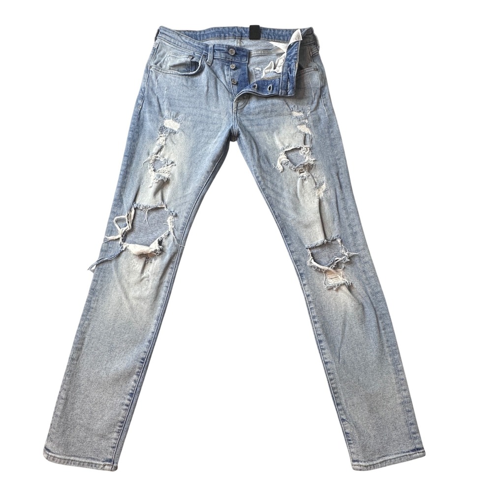 H&M Jeans Mens 33x30 Light Wash &Denim Skinny Distressed Ripped Button Fly Denim